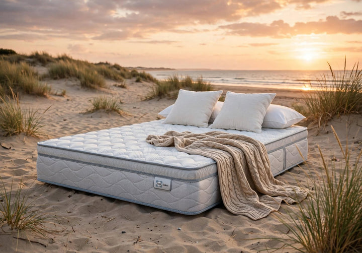 Sealy Select Medium Luxe mattress styled with white pillows and a beige knitted throw on the sand at Holme Beach Norfolk at sunset