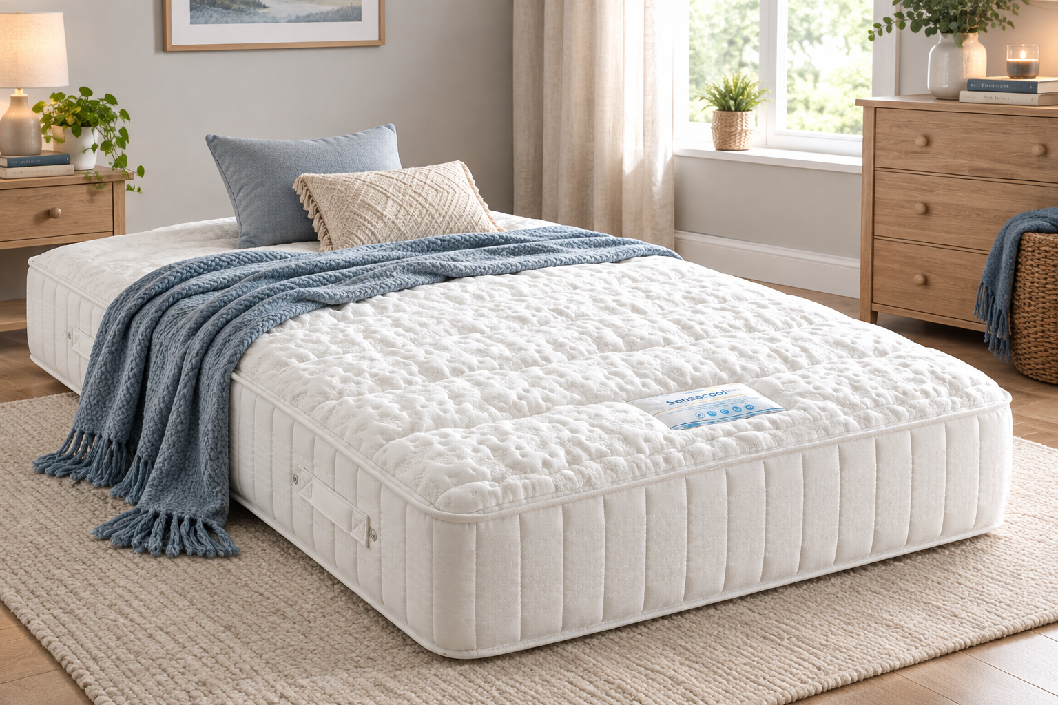 Sensacool quilted mattress with blue throw styled in a modern bedroom – St James Bed Centre.