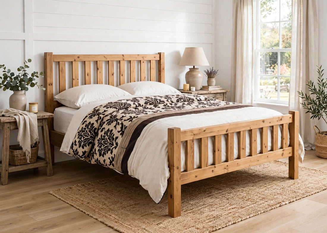 Shaker bed frame in solid pine with modern shaker headboard and footboard slatted design honey pine low foot end damask bedding - St James Beds