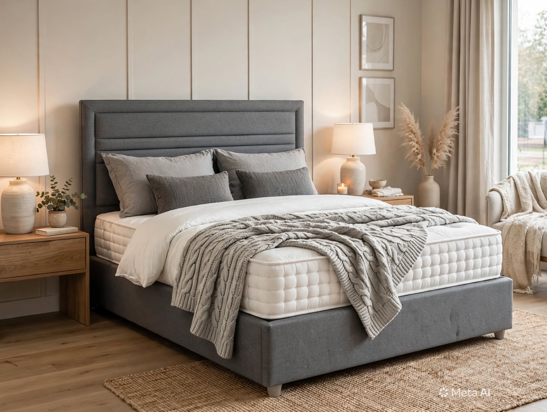 hetland 20000 divan bed set with grey fabric base and headboard and white deep tufted mattress - St James Beds King's Lynn