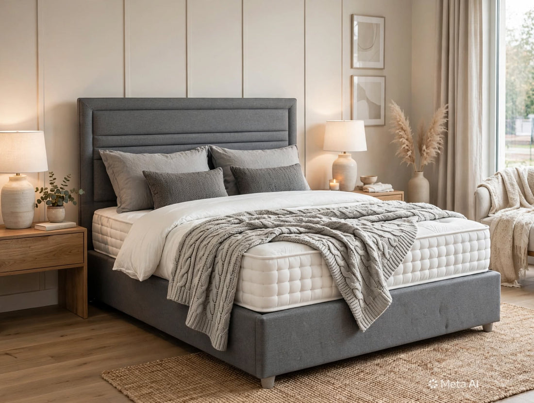 hetland 20000 divan bed set with grey fabric base and headboard and white deep tufted mattress - St James Beds King's Lynn