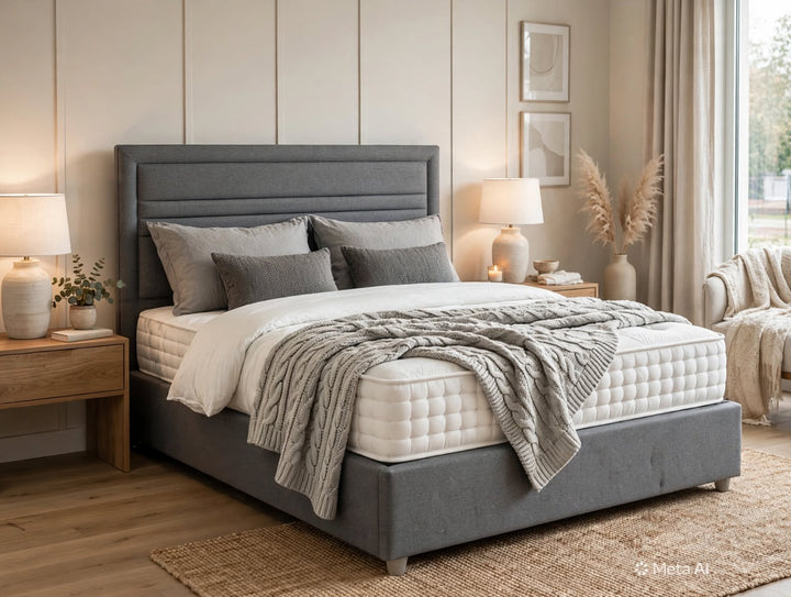 hetland 20000 divan bed set with grey fabric base and headboard and white deep tufted mattress - St James Beds King's Lynn