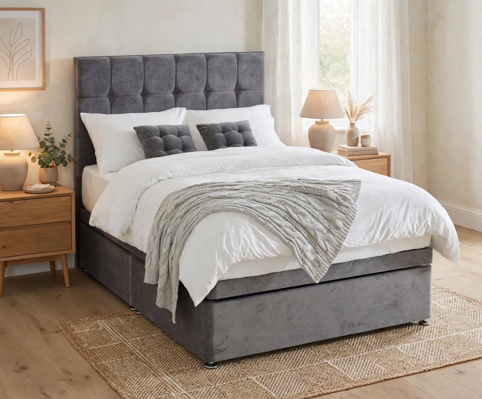 Silk 1000 Ottoman Set Package in Grey Velvet - Cube Headboard Ottoman Storage Bed with Silk 1000 Pocket Mattress, Dressed with White Bedding, Grey Cube Cushions and Knit Throw in Homely Bedroom
