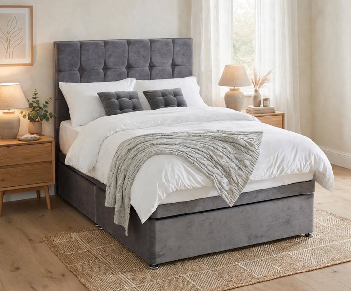 Silk 1000 Ottoman Set Package in Grey Velvet - Cube Headboard Ottoman Storage Bed with Silk 1000 Pocket Mattress, Dressed with White Bedding, Grey Cube Cushions and Knit Throw in Homely Bedroom
