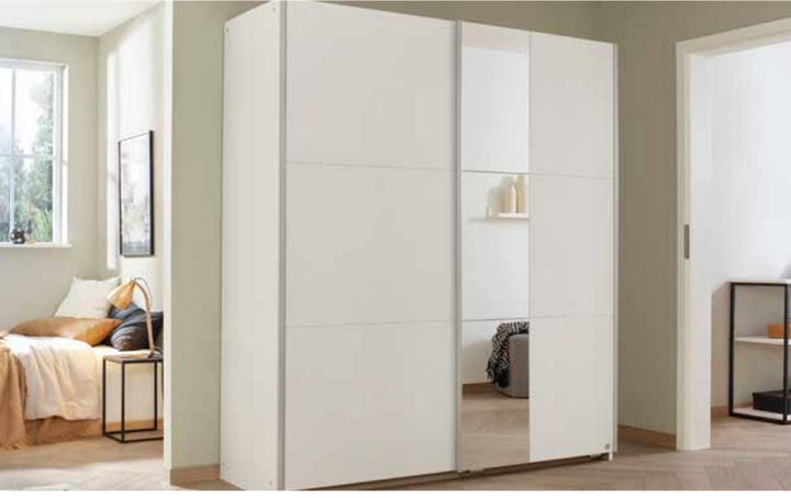 Slide Wardrobe in Graphite or White finish with grey interior, 2 shelves and 2 rails at St James Bed Centre King's Lynn PE30 1AP, free assembly