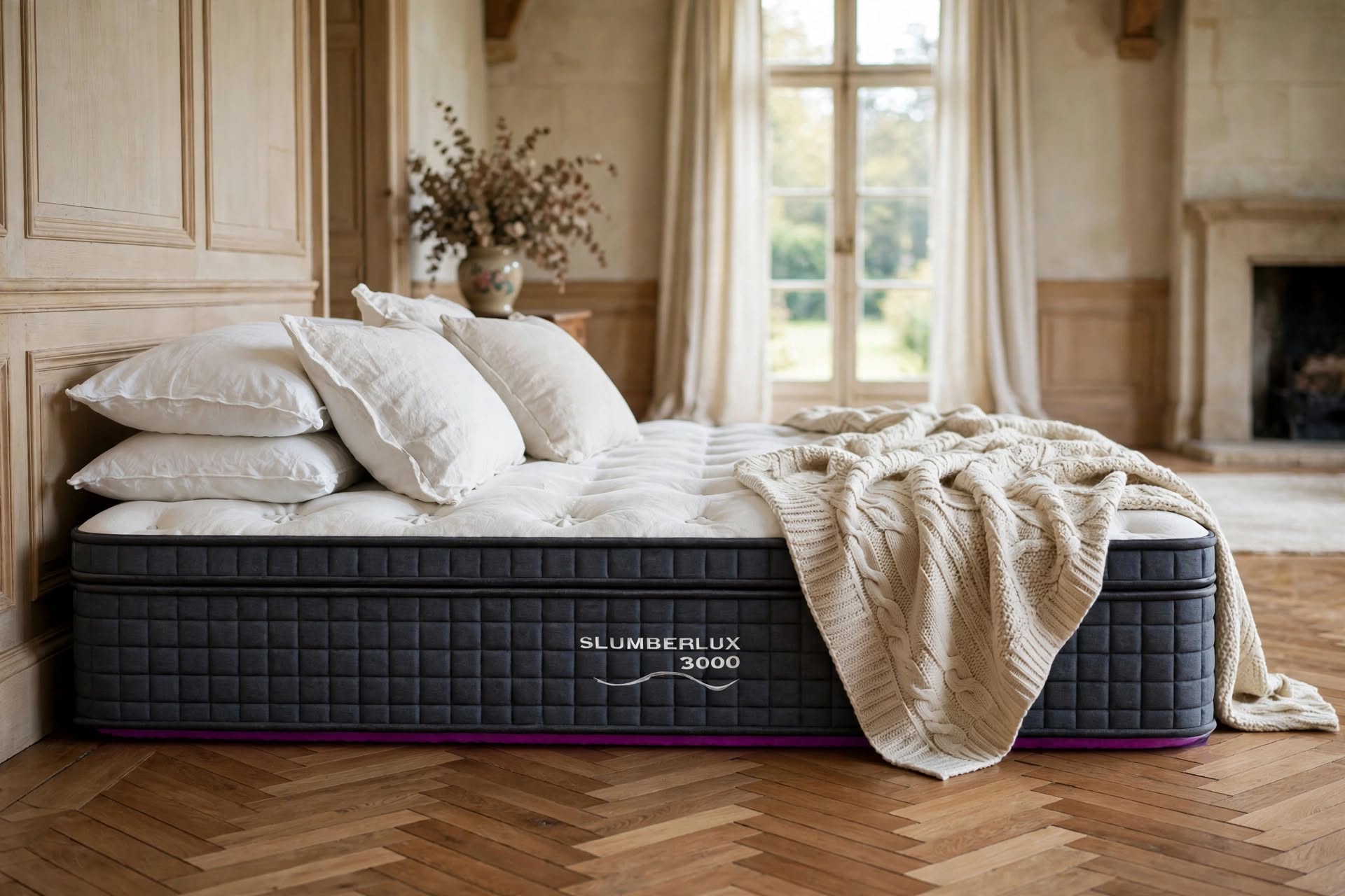 Slumberlux 3000 Mattress on manor house bedroom floor styled with white pillows and chunky knit throw - luxury box top mattress - St James Bed Centre