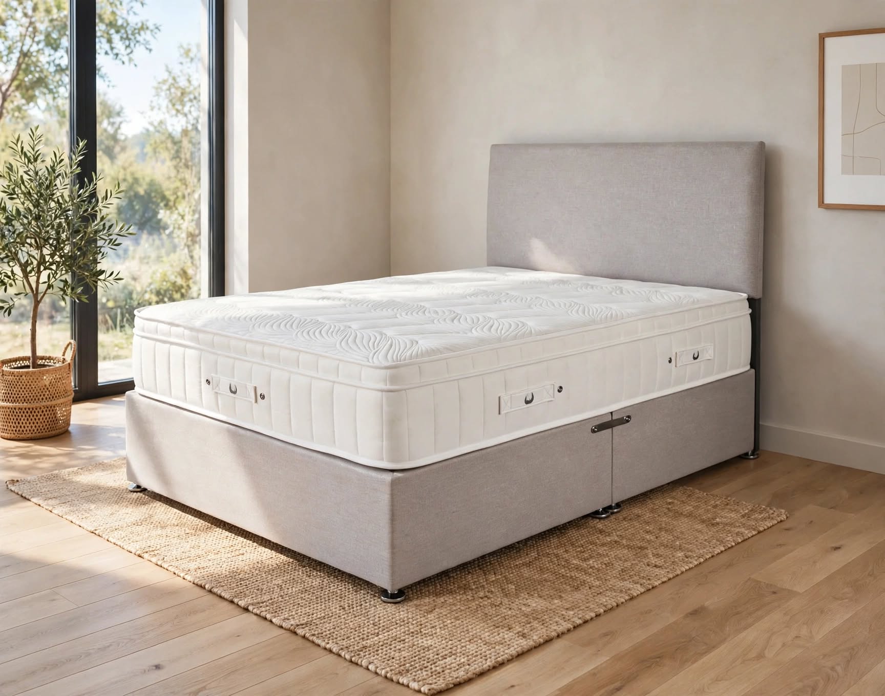 Sterling divan bed set in light grey fabric with drawer storage and plain headboard and white wave quilted mattress - St James Beds