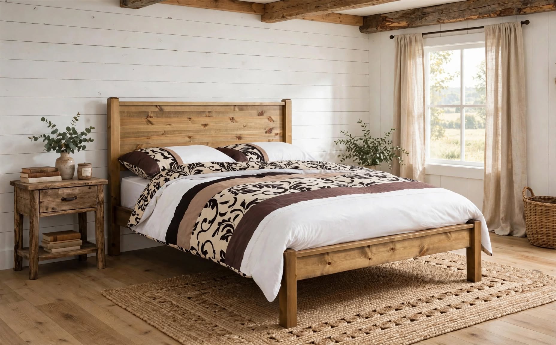 Sutton bed frame in solid pine with modern square panel headboard low foot end rustic honey pine brown cream damask duvet set - St James Beds