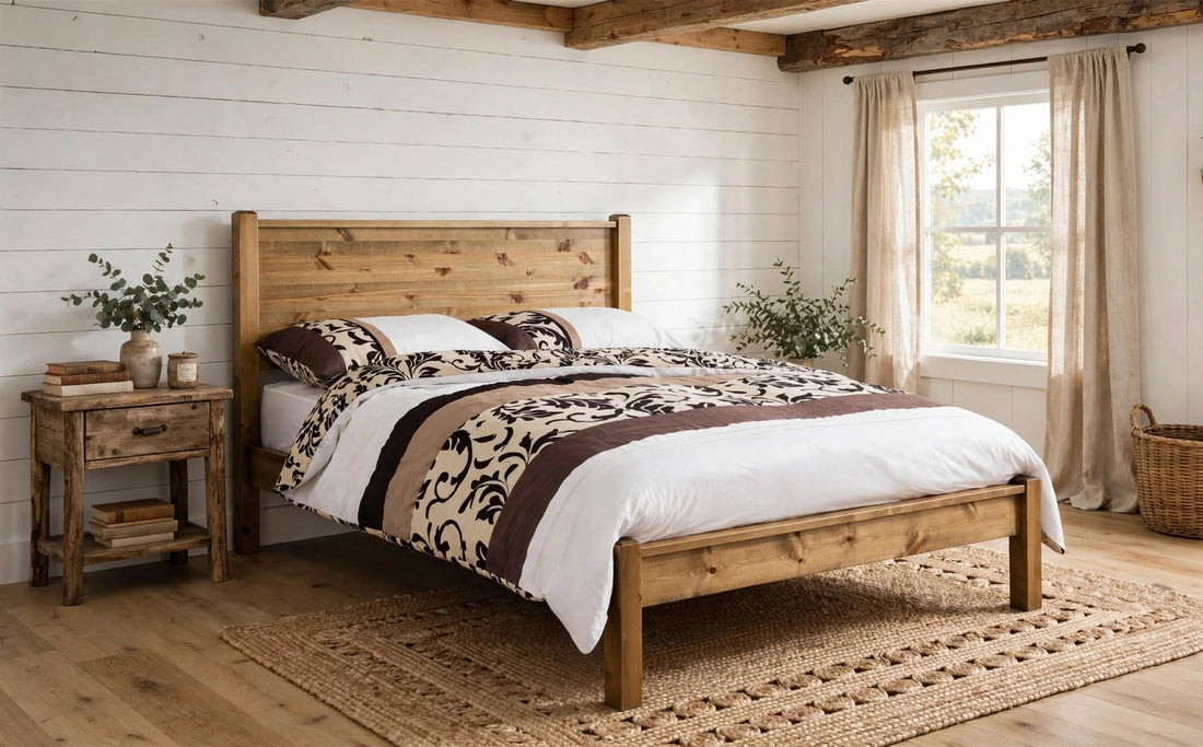 Sutton bed frame in solid pine with modern square panel headboard low foot end rustic honey pine brown cream damask duvet set - St James Beds
