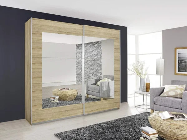 The Holme sliding wardrobe with mirrored doors and aluminum handles in Oak, Grey, and White finishes at St James Bed Centre King's Lynn PE30 1AP, free assembly