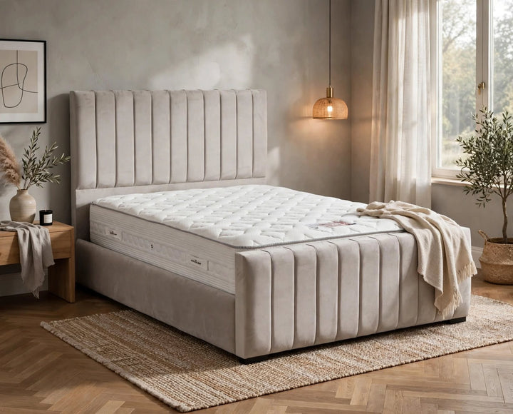 The Popular bed frame with modern vertical line detail to head and footboard - light grey velvet - St James Beds