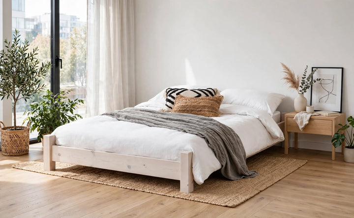 Tokyo Whitewashed Wooden Low Bed Frame Modern Minimalist Design - Low Profile Wooden Beds at St James Beds Centre King's Lynn