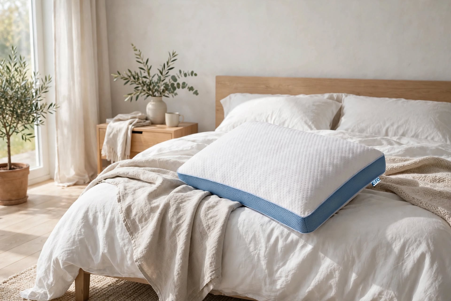 UNO cooling pillow - cool touch memory foam - white and blue breathable mesh - St James Beds