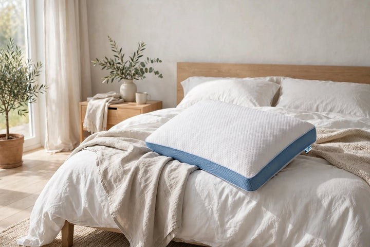 UNO cooling pillow - cool touch memory foam - white and blue breathable mesh - St James Beds