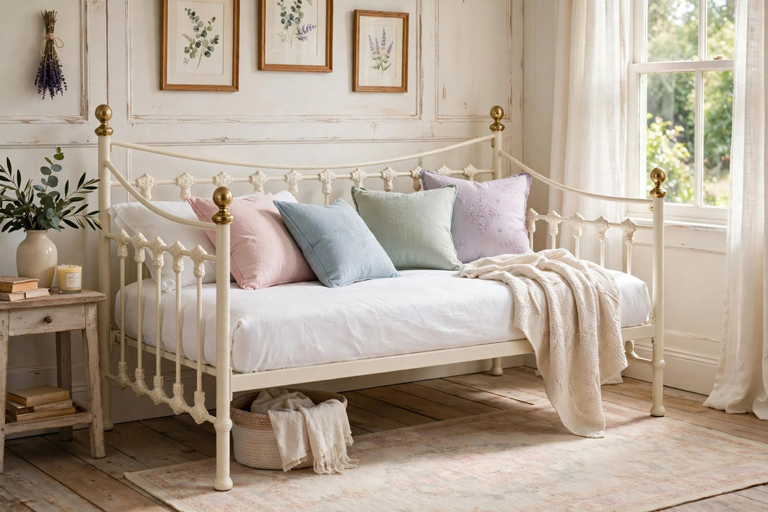 Versailles Cream Metal Daybed with Ornate Spindles and Ball Finials - Single Daybed at St James Beds Centre King's Lynn