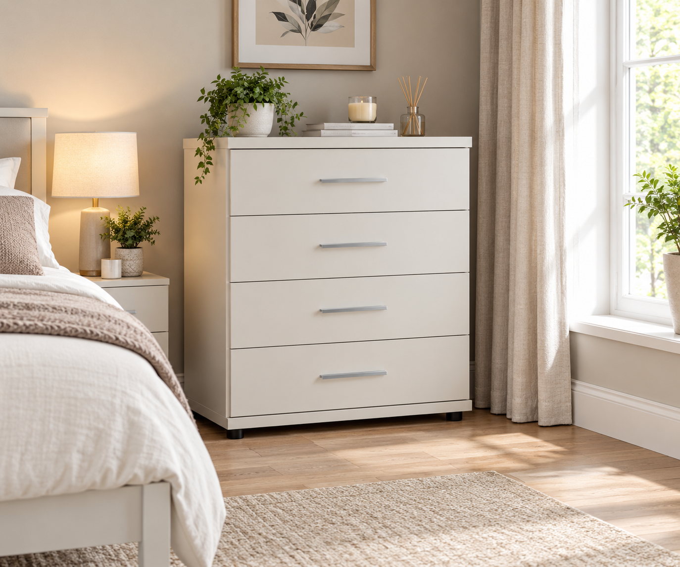 White four-drawer bedroom chest of drawers in a modern bedroom – St James Beds.