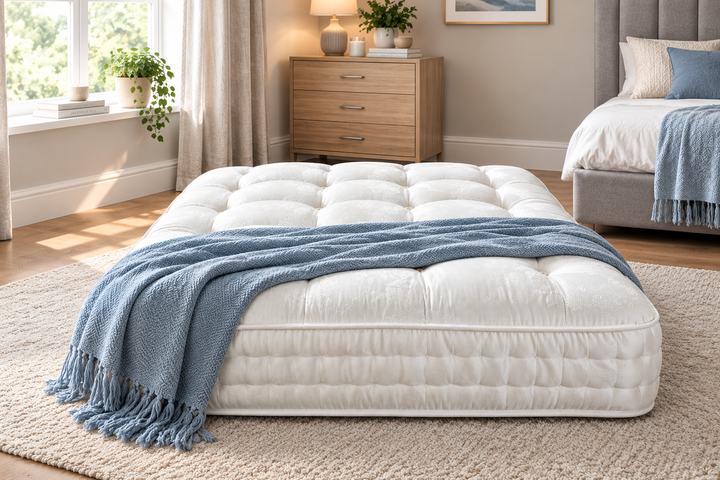 White tufted mattress with blue throw styled in a modern bedroom – St James Bed Centre, King’s Lynn.
