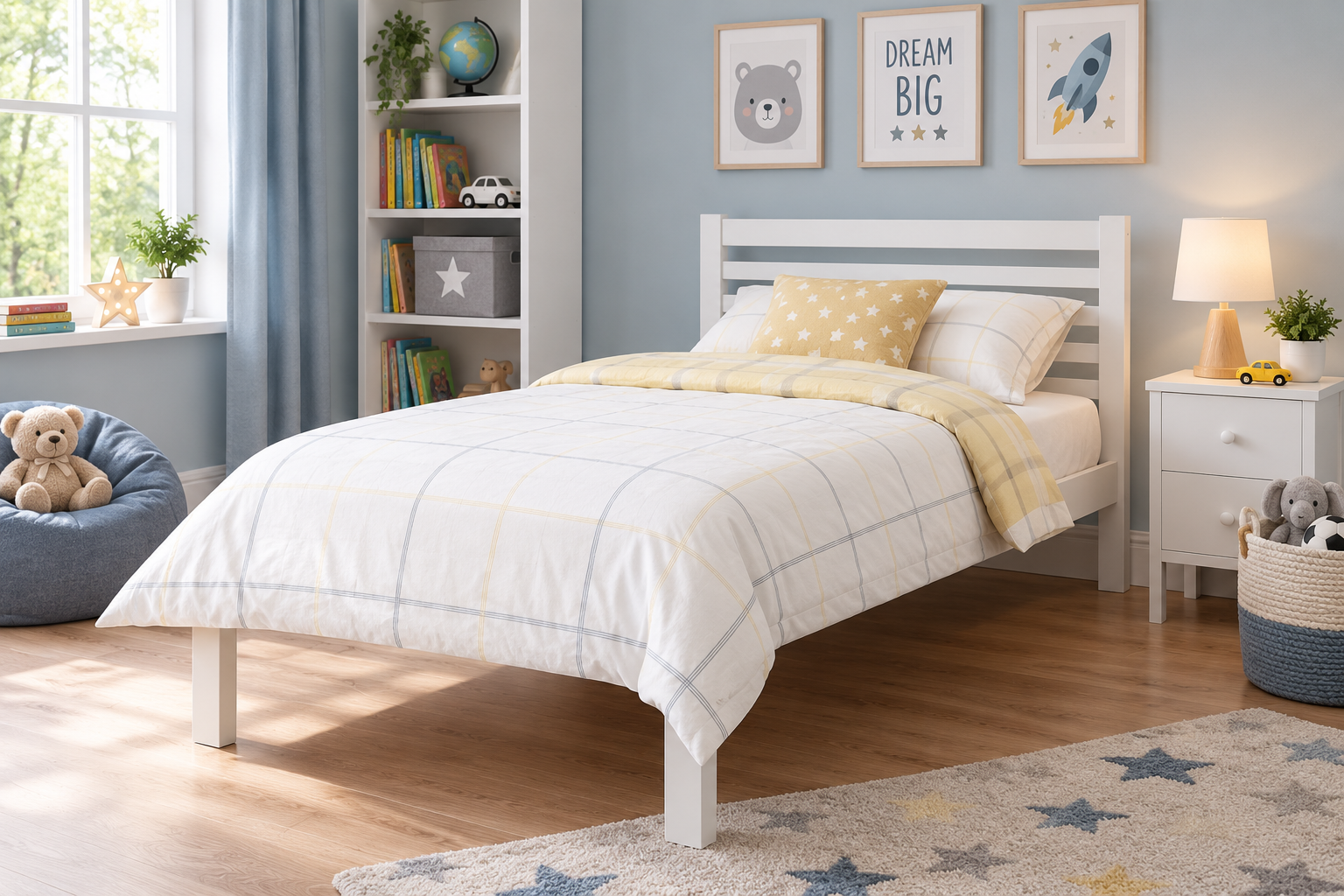 White wooden slatted single bed styled in a children’s bedroom – St James Bed Centre.