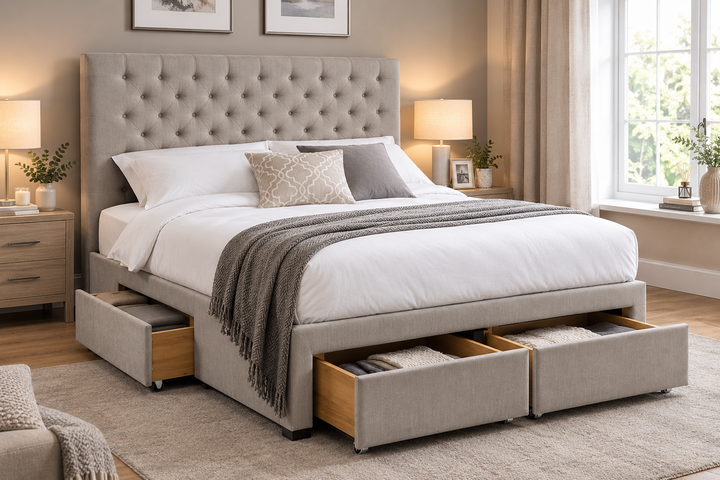 Wilton upholstered storage bed with four spacious drawers and button-tufted headboard – St James Bed Centre, King’s Lynn.