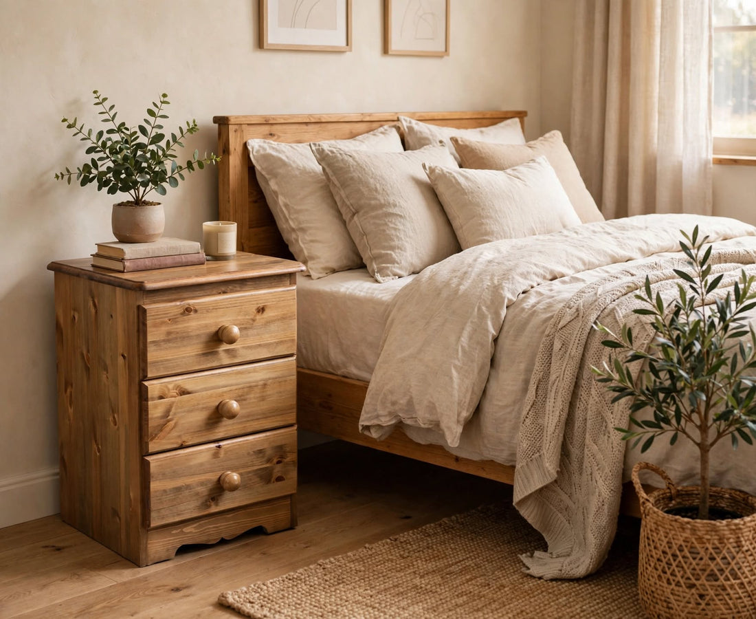 Windsor solid pine 3-drawer bedside chest with round wooden knobs and scalloped base natural pine finish front view - St James Beds