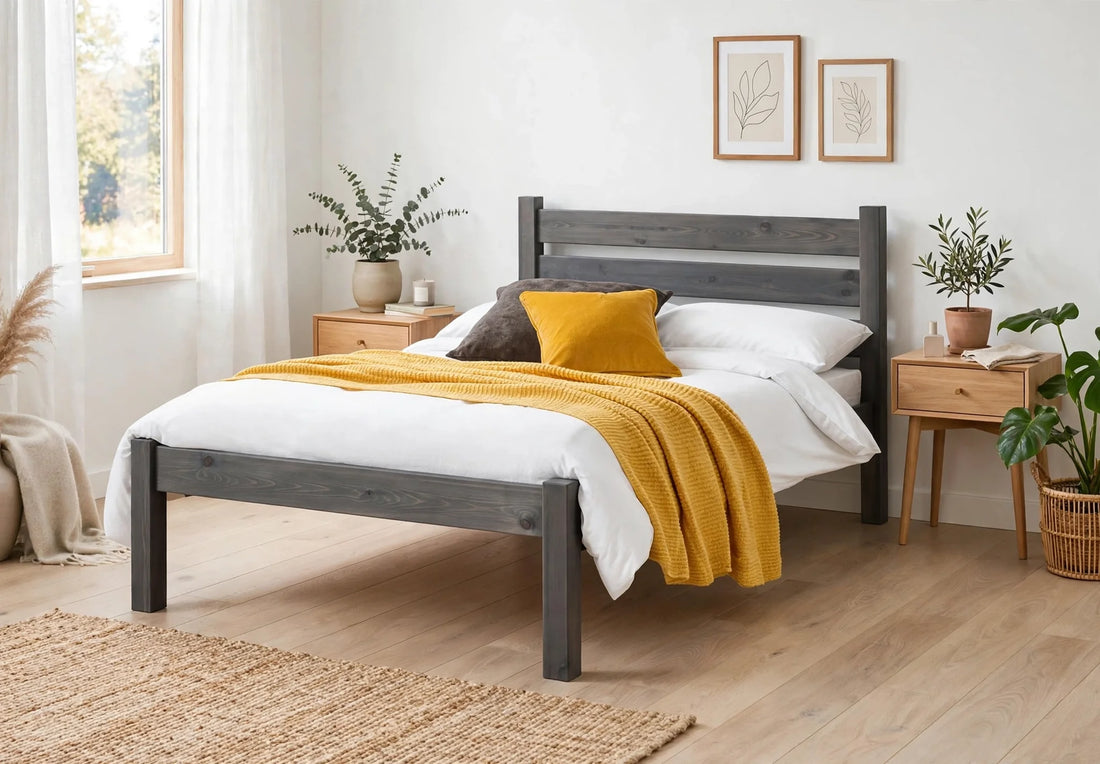 Woodborough solid pine bed frame with modern minimalist design at St James Bed Centre King's Lynn