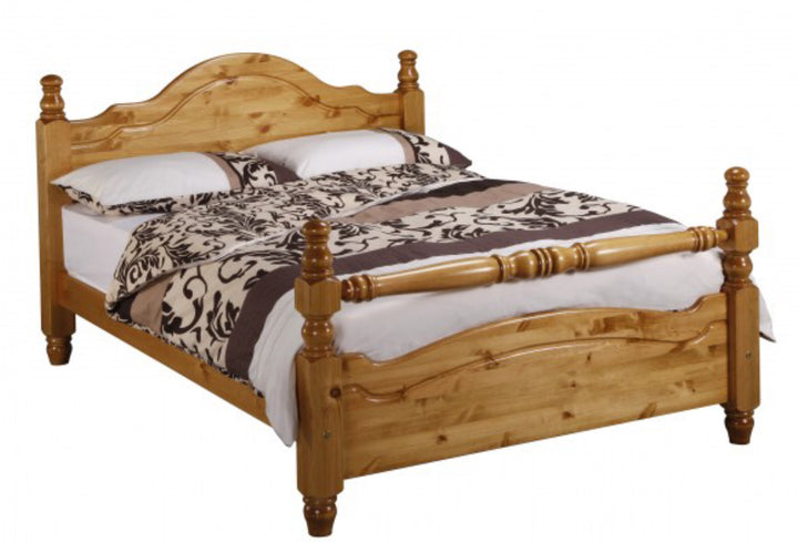 York bed frame in solid pine with turned rail foot end detail