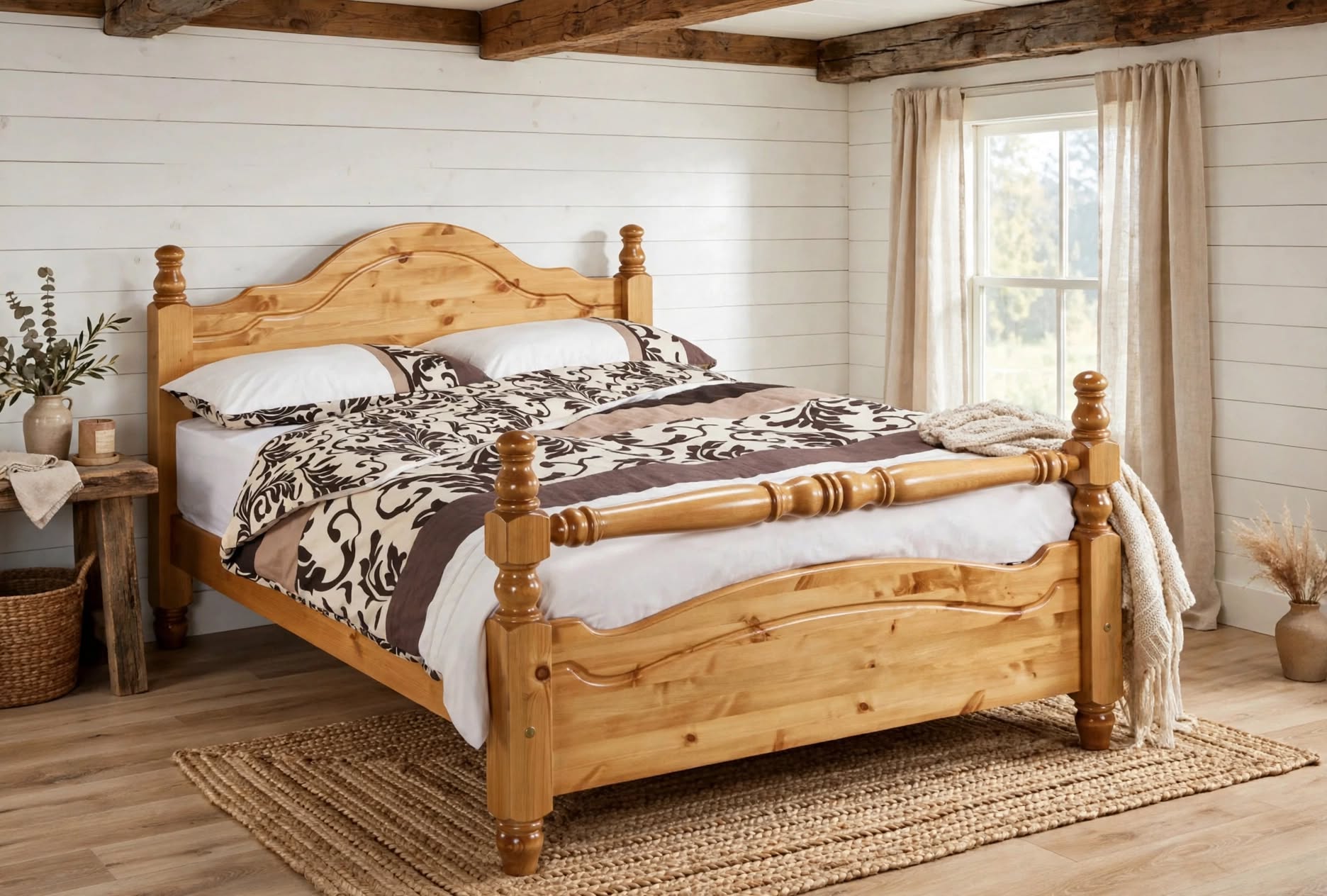 York bed frame in solid pine with turned rail foot end detail honey pine arched headboard carved posts brown cream damask duvet set - St James Beds