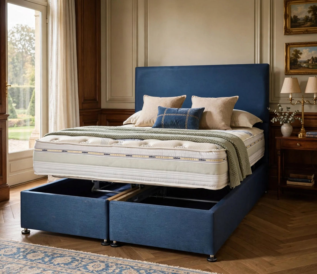 autilus 2000 Zero Gravity mattress on blue ottoman storage bed with open under-bed storage, styled with pillows and throw in luxury manor house bedroom - Ottoman Package Deal at St James Bed Centre