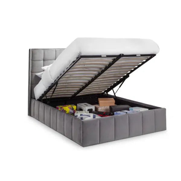 Gatsby Ottoman Bed with winged headboard in grey fabric, modern bedstead by St James Bed Centre, featuring a stylish and comfortable design.