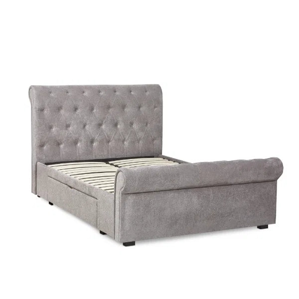 Grey chenille Ravello bedstead with storage drawers from St James Bed Centre, showcasing the stylish headboard and under-bed storage.