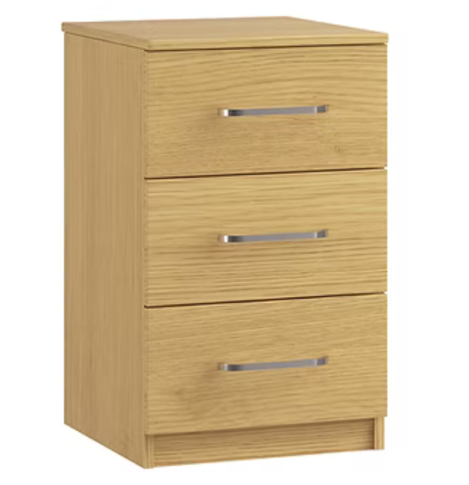Revenna furniture range bedside table with three drawers, wood finish, by St James Bed Centre, featuring sleek modern design.