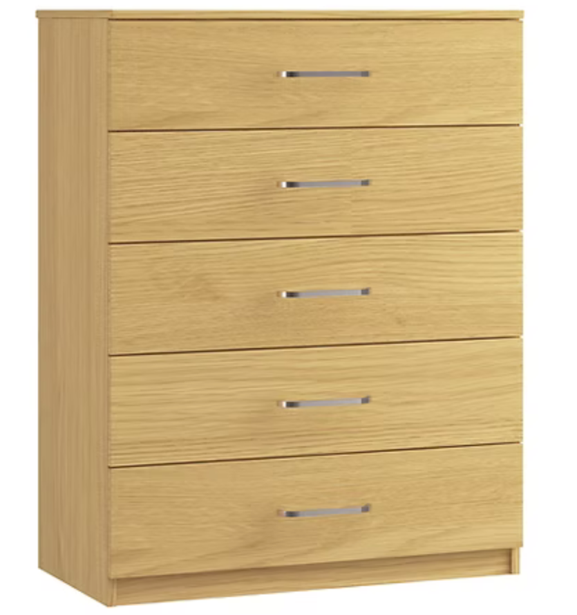 Revenna furniture range, five-drawer unit from St James Bed Centre, featuring sleek wood finish and modern storage design.