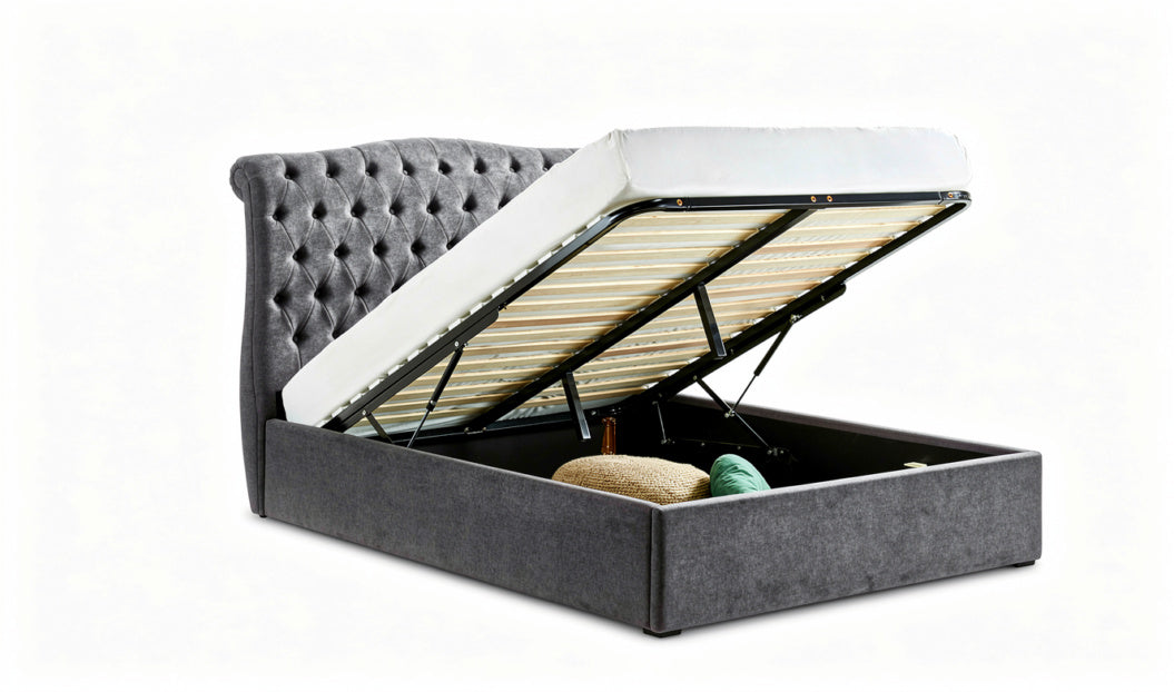 Rosa Storage Bed with buttoned headboard from St James Bed Centre, showing a stylish bedstead with built-in storage and elegant design.