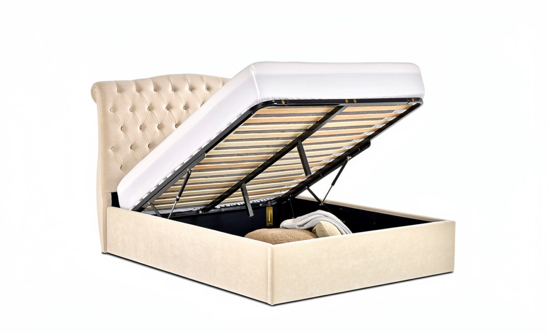 Rosa Storage Bed with buttoned headboard in natural finish, St James Bed Centre, showcasing its elegant bedstead design.