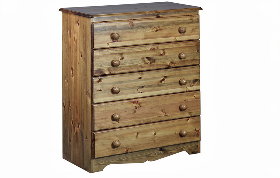 Handcrafted Windsor Solid Pine bedroom furniture with five drawers, featuring traditional design and natural wood finish.